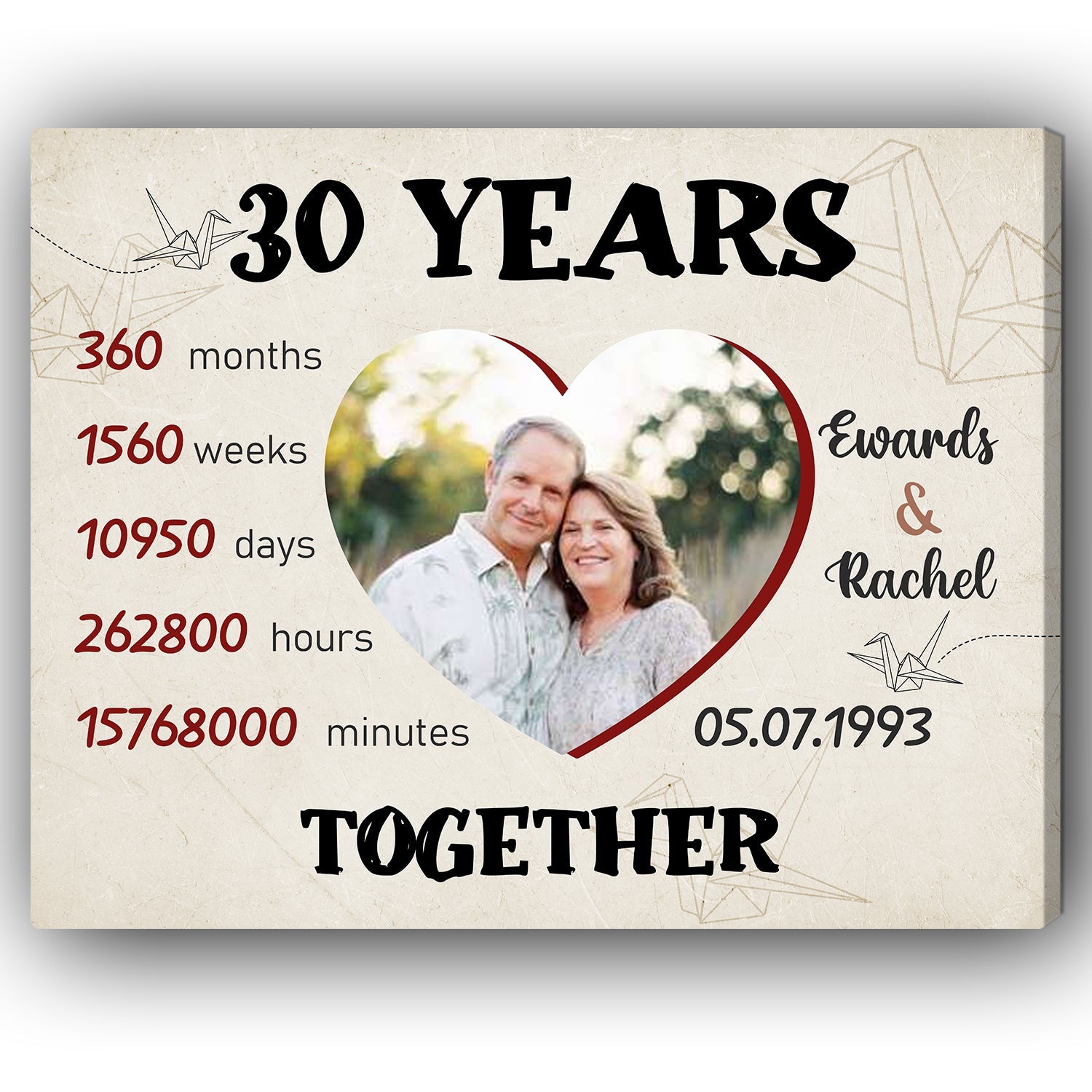 30 Years Together Personalized 30 Year Anniversary gift for Parents, Him or Her Custom Canvas MyMindfulGifts