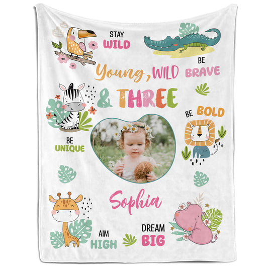 Young, Wild & Three - Personalized 3rd Birthday gift For 3 Year Old - Custom Blanket - MyMindfulGifts