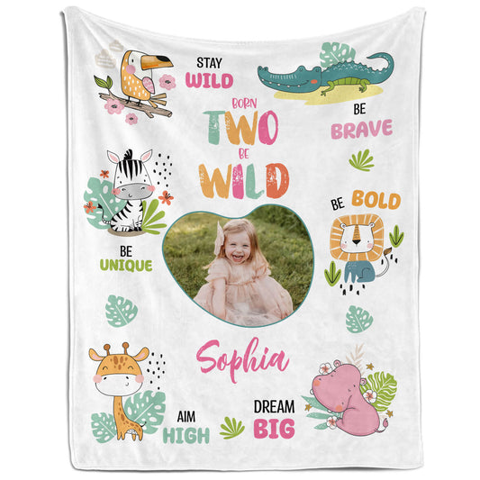 Born Two Be Wild - Personalized 2nd Birthday gift For 2 Year Old - Custom Blanket - MyMindfulGifts