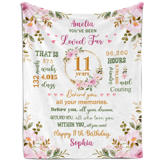 You've Been Loved For 11 Years - Personalized 11th Birthday gift For 11 Year Old Girl - Custom Blanket - MyMindfulGifts