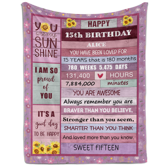 Happy 15th Birthday - Personalized 15th Birthday gift For 15 Year Old Girl - Custom Blanket - MyMindfulGifts