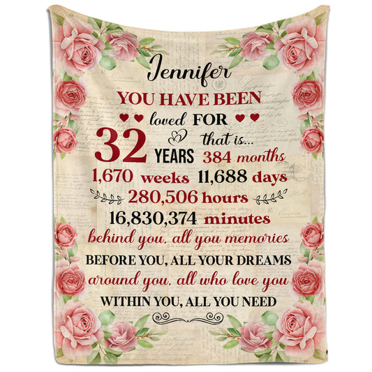 You Have Been Loved For 32 Years - Personalized 32nd Birthday gift For 32 Year Old Women - Custom Blanket - MyMindfulGifts