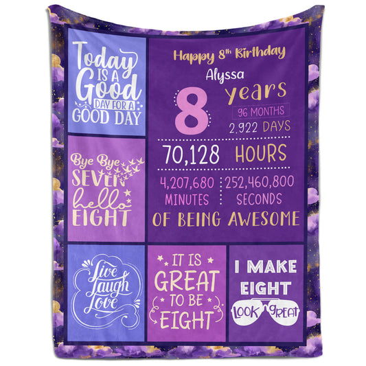 Happy 8th Birthday - Personalized 8th Birthday gift For 8 Year Old - Custom Blanket - MyMindfulGifts