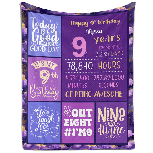 Happy 9th Birthday - Personalized 9th Birthday gift For 9 Year Old - Custom Blanket - MyMindfulGifts