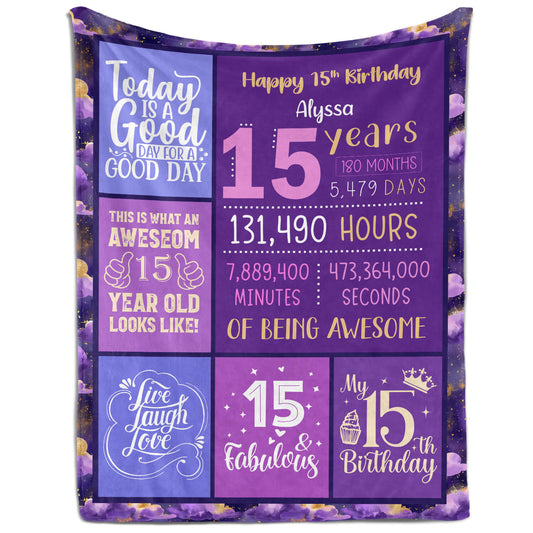 Happy 15th Birthday - Personalized 15th Birthday gift For 15 Year Old - Custom Blanket - MyMindfulGifts