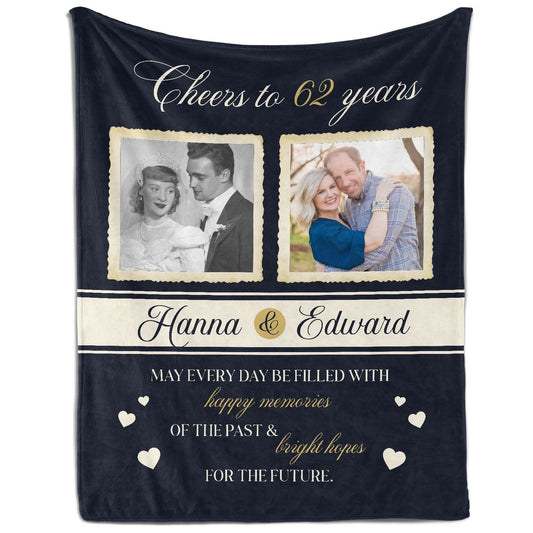 Cheers to 62 Years - Personalized 62 Year Anniversary gift For Parents or Grandparents - Custom Blanket - MyMindfulGifts