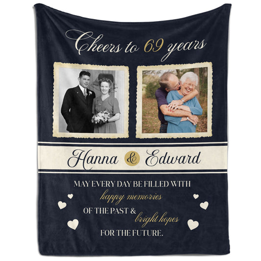 Cheers to 69 Years - Personalized 69 Year Anniversary gift For Parents or Grandparents - Custom Blanket - MyMindfulGifts