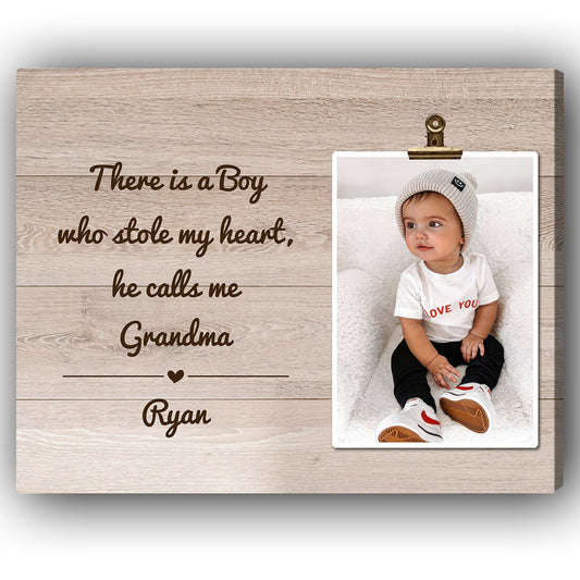 There's A Boy Who Stole My Heart - Personalized  gift For Grandma - Custom Canvas Print - MyMindfulGifts