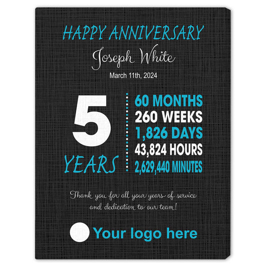 Happy Anniversary 5 Years - Personalized 5th Work Anniversary gift For Employee - Custom Canvas Print - MyMindfulGifts