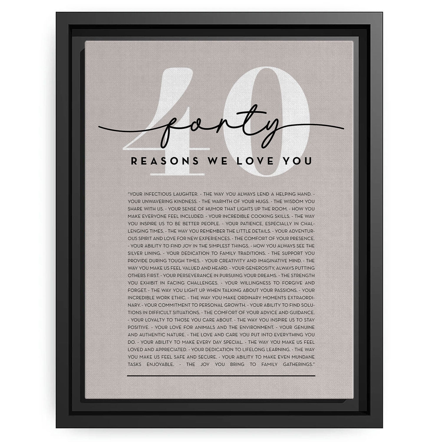 40 Reasons Why We Love You - Personalized 40th Birthday gift For 40 Year Old - Custom Canvas Print - MyMindfulGifts