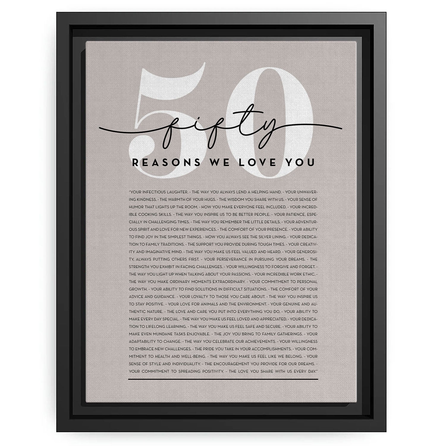 50 Reasons Why We Love You - Personalized 50th Birthday gift For 50 Year Old - Custom Canvas Print - MyMindfulGifts