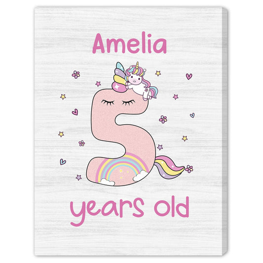 Unicorn 5 Years Old - Personalized 5th Birthday gift For 5 Year Old - Custom Canvas Print - MyMindfulGifts