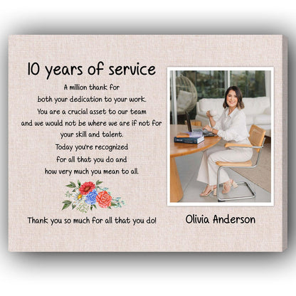 10 Years Of Service - Personalized 10th Work Anniversary gift For Employee - Custom Canvas Print - MyMindfulGifts