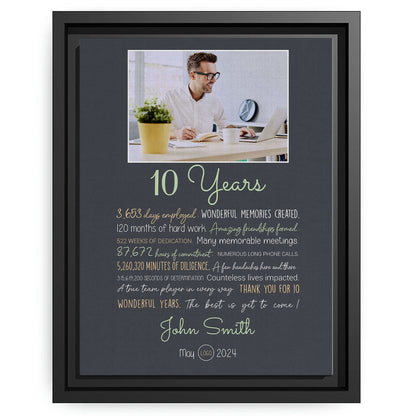 10 Years - Personalized 10th Work Anniversary gift For Employee - Custom Canvas Print - MyMindfulGifts