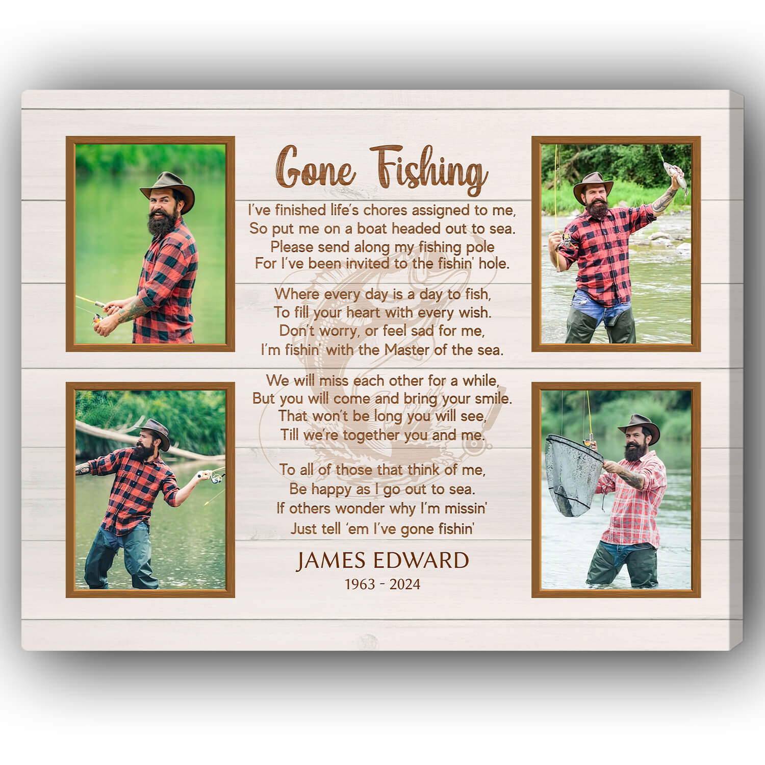 Gone Fishing 4 Photo Collage Memorial - Personalized  gift For Loss Of Father, Fisherman - Custom Canvas Print - MyMindfulGifts