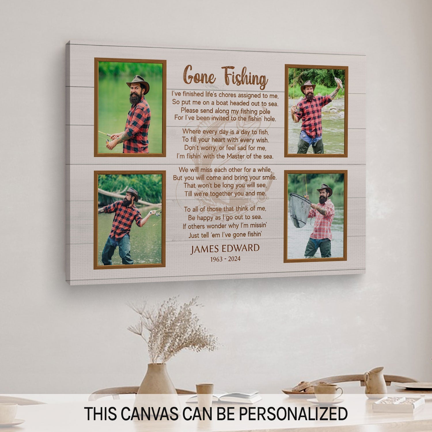 Gone Fishing 4 Photo Collage Memorial - Personalized  gift For Loss Of Father, Fisherman - Custom Canvas Print - MyMindfulGifts