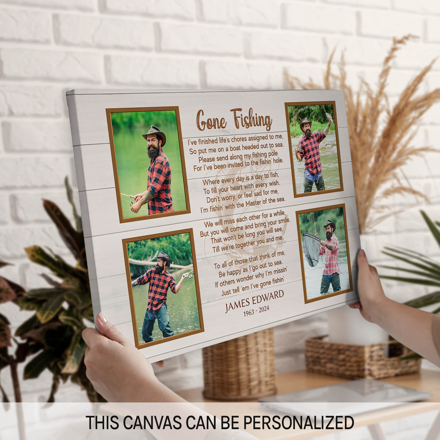 Gone Fishing 4 Photo Collage Memorial - Personalized  gift For Loss Of Father, Fisherman - Custom Canvas Print - MyMindfulGifts