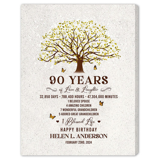 90 Years Of Love & Laughter - Personalized 90th Birthday gift For 90 Year Old - Custom Canvas Print - MyMindfulGifts