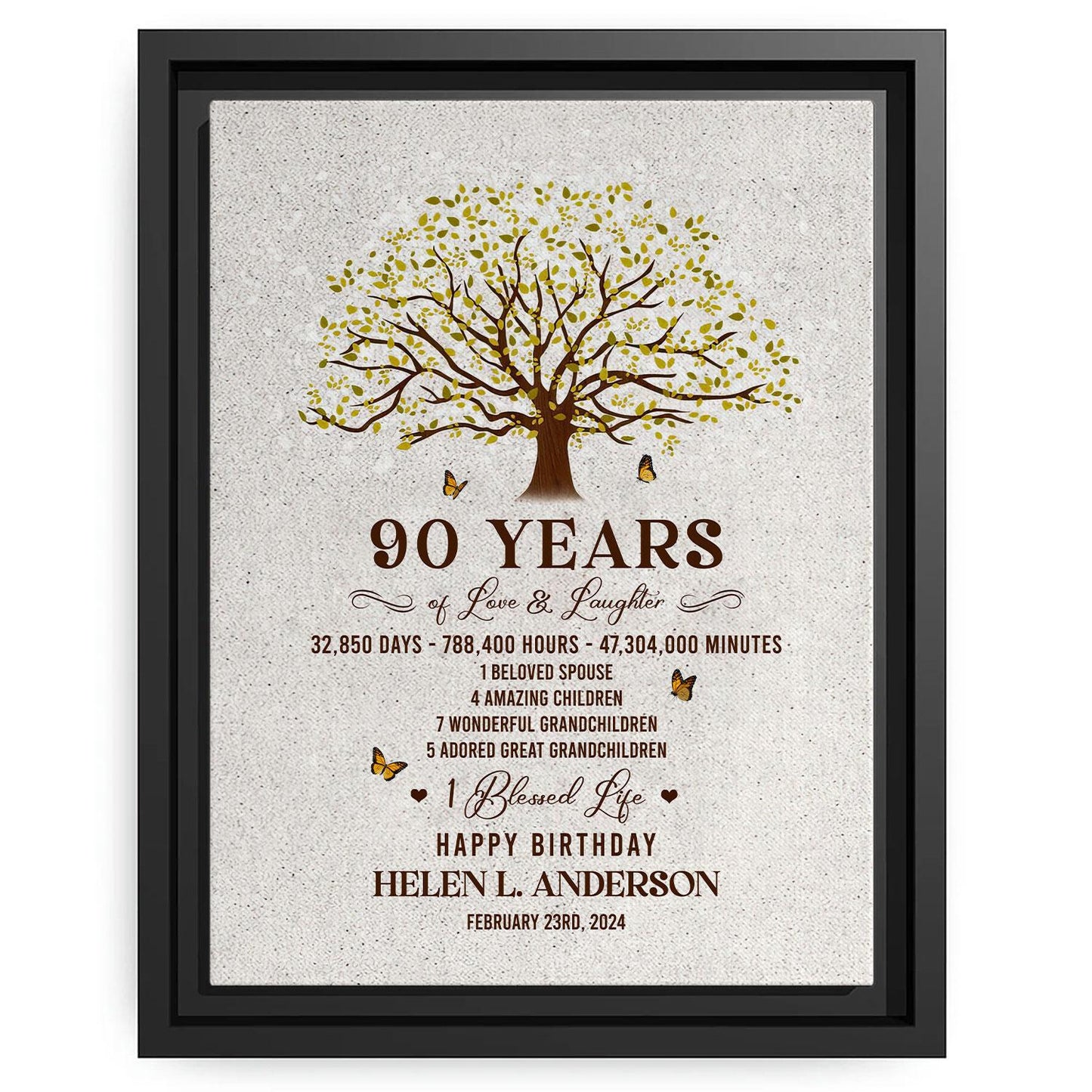 90 Years Of Love & Laughter - Personalized 90th Birthday gift For 90 Year Old - Custom Canvas Print - MyMindfulGifts