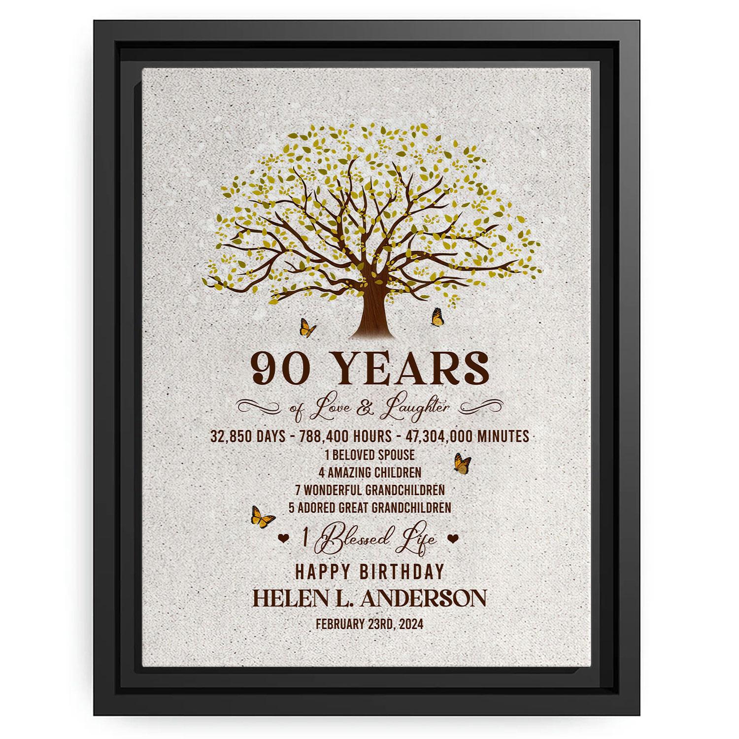 90 Years Of Love & Laughter - Personalized 90th Birthday gift For 90 Year Old - Custom Canvas Print - MyMindfulGifts