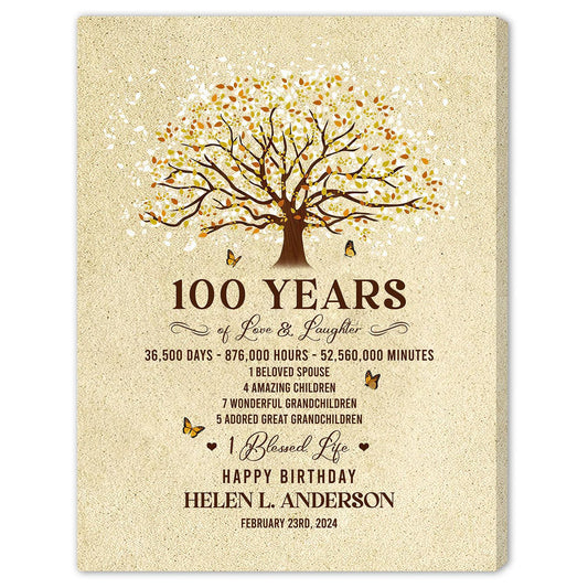 100 Years Of Love & Laughter - Personalized 100th Birthday gift For 100 Year Old - Custom Canvas Print - MyMindfulGifts
