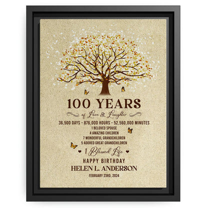 100 Years Of Love & Laughter - Personalized 100th Birthday gift For 100 Year Old - Custom Canvas Print - MyMindfulGifts