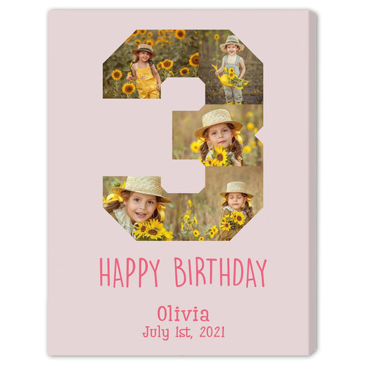 3 Year Birthday Photo Collage - Personalized 3rd Birthday gift For 3 Year Old - Custom Canvas Print - MyMindfulGifts