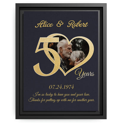 Thanks For Putting Up With Me For Another Year - Personalized 50 Year Anniversary gift For Husband or Wife - Custom Canvas Print - MyMindfulGifts