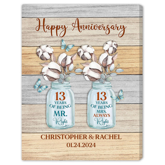 Happy Anniversary - Personalized 13 Year Anniversary gift For Husband or Wife - Custom Canvas Print - MyMindfulGifts