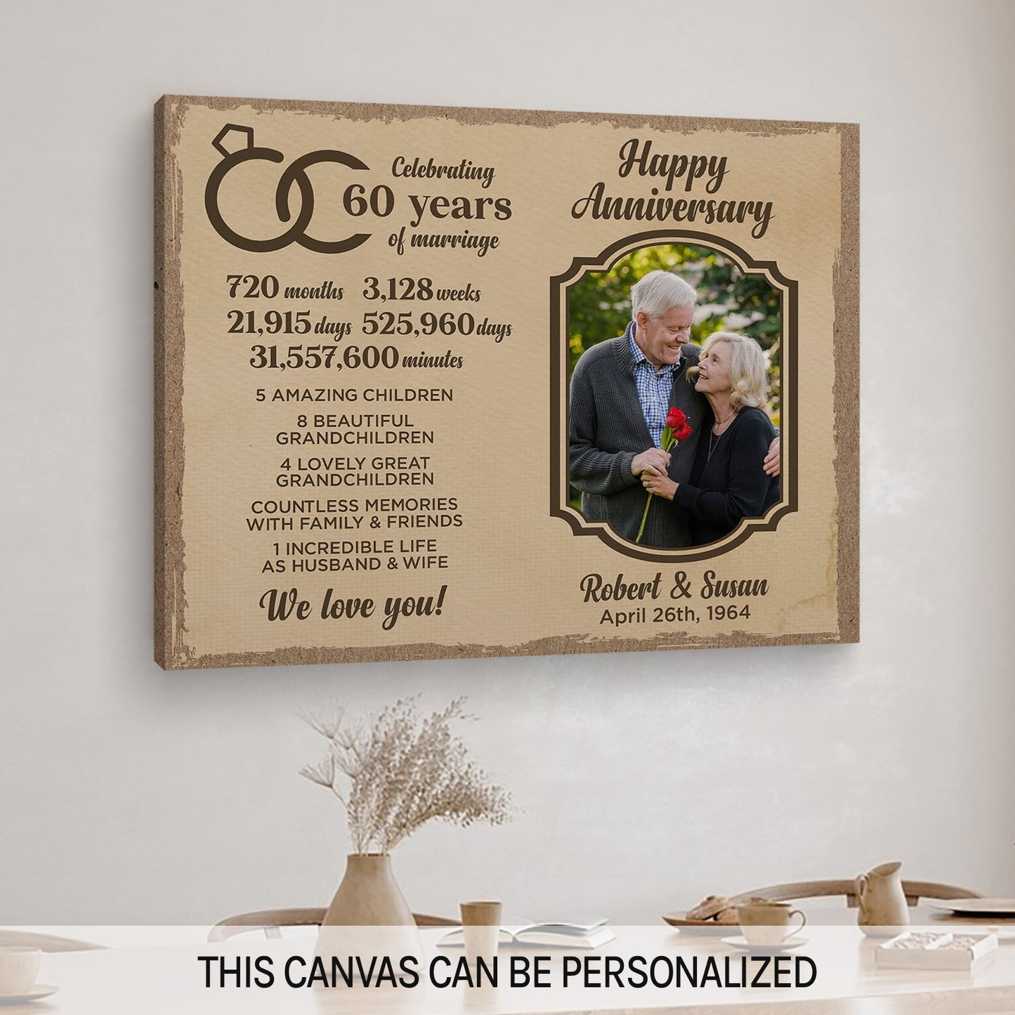 Celebrating 60 Years Of Marriage - Personalized 60 Year Anniversary gift For Parents - Custom Canvas Print - MyMindfulGifts