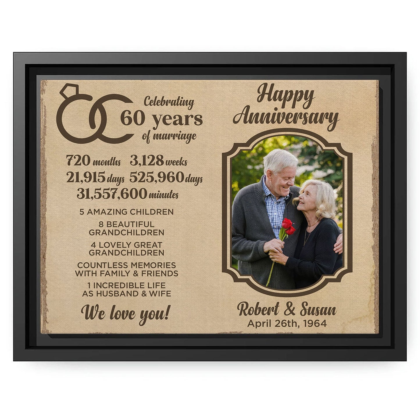 Celebrating 60 Years Of Marriage - Personalized 60 Year Anniversary gift For Parents - Custom Canvas Print - MyMindfulGifts