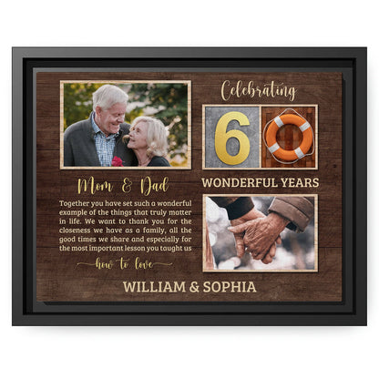 Celebrating 60 Wonderful Years - Personalized 60 Year Anniversary gift For Parents - Custom Canvas Print - MyMindfulGifts