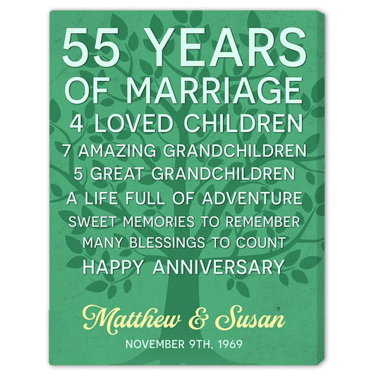 55 Years Of Marriage - Personalized 55 Year Anniversary gift For Parents - Custom Canvas Print - MyMindfulGifts