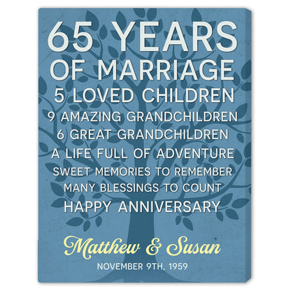 65 Years Of Marriage - Personalized 65 Year Anniversary gift For Parents - Custom Canvas Print - MyMindfulGifts