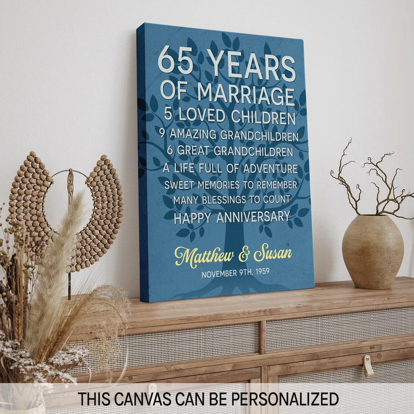 65 Years Of Marriage - Personalized 65 Year Anniversary gift For Parents - Custom Canvas Print - MyMindfulGifts