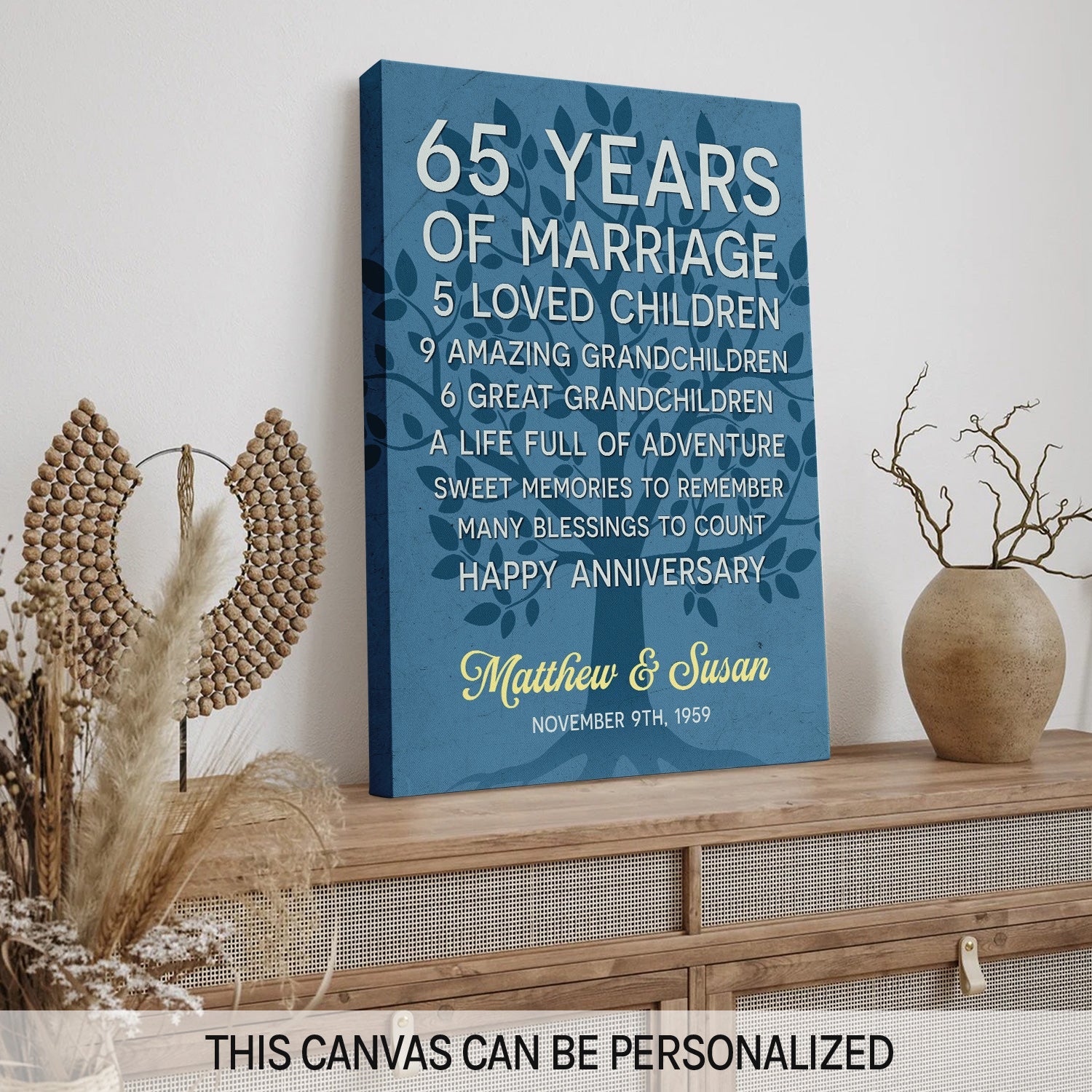 65 Years Of Marriage - Personalized 65 Year Anniversary gift For Parents - Custom Canvas Print - MyMindfulGifts