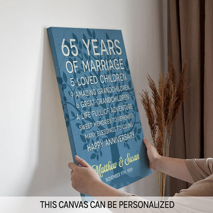 65 Years Of Marriage - Personalized 65 Year Anniversary gift For Parents - Custom Canvas Print - MyMindfulGifts