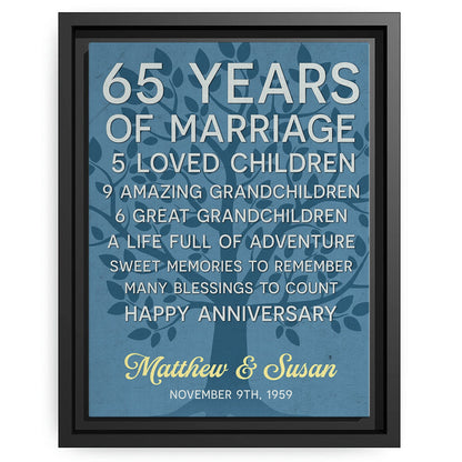 65 Years Of Marriage - Personalized 65 Year Anniversary gift For Parents - Custom Canvas Print - MyMindfulGifts