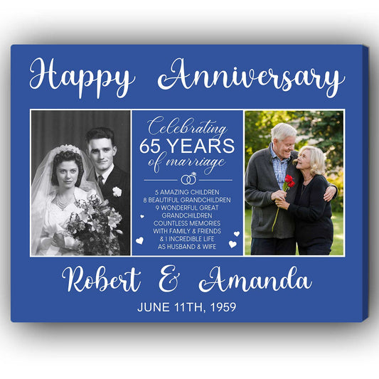 Celebrating 65 Years Of Marriage - Personalized 65 Year Anniversary gift For Parents - Custom Canvas Print - MyMindfulGifts