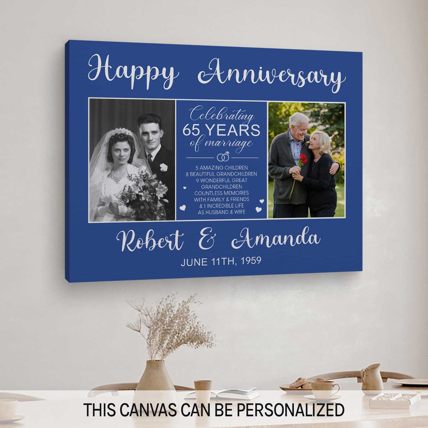 Celebrating 65 Years Of Marriage - Personalized 65 Year Anniversary gift For Parents - Custom Canvas Print - MyMindfulGifts