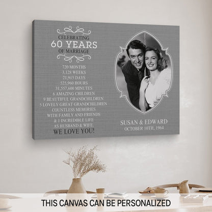 Celebrating 60  Years Of Marriage - Personalized 60 Year Anniversary gift For Parents - Custom Canvas Print - MyMindfulGifts