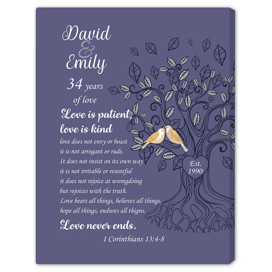 Love Is Patient Love Is Kind - Personalized 34 Year Anniversary gift For Husband or Wife - Custom Canvas Print - MyMindfulGifts