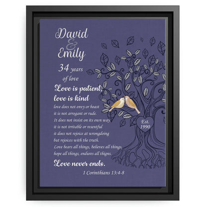 Love Is Patient Love Is Kind - Personalized 34 Year Anniversary gift For Husband or Wife - Custom Canvas Print - MyMindfulGifts