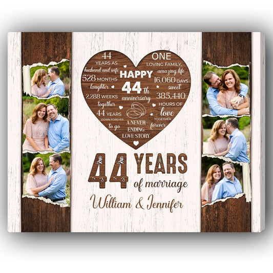 44 Years Of Marriage - Personalized 44 Year Anniversary gift For Parents, Husband or Wife - Custom Canvas Print - MyMindfulGifts