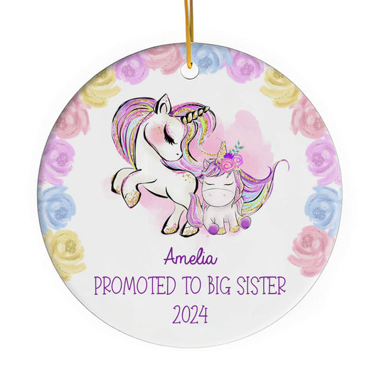 Promoted To Big Sister Unicorn - Personalized  gift For Big Sister - Custom Circle Ceramic Ornament - MyMindfulGifts