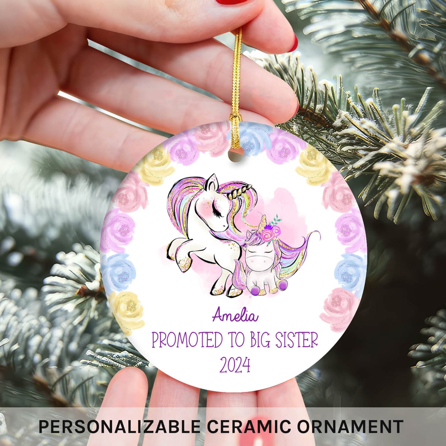 Promoted To Big Sister Unicorn - Personalized  gift For Big Sister - Custom Circle Ceramic Ornament - MyMindfulGifts