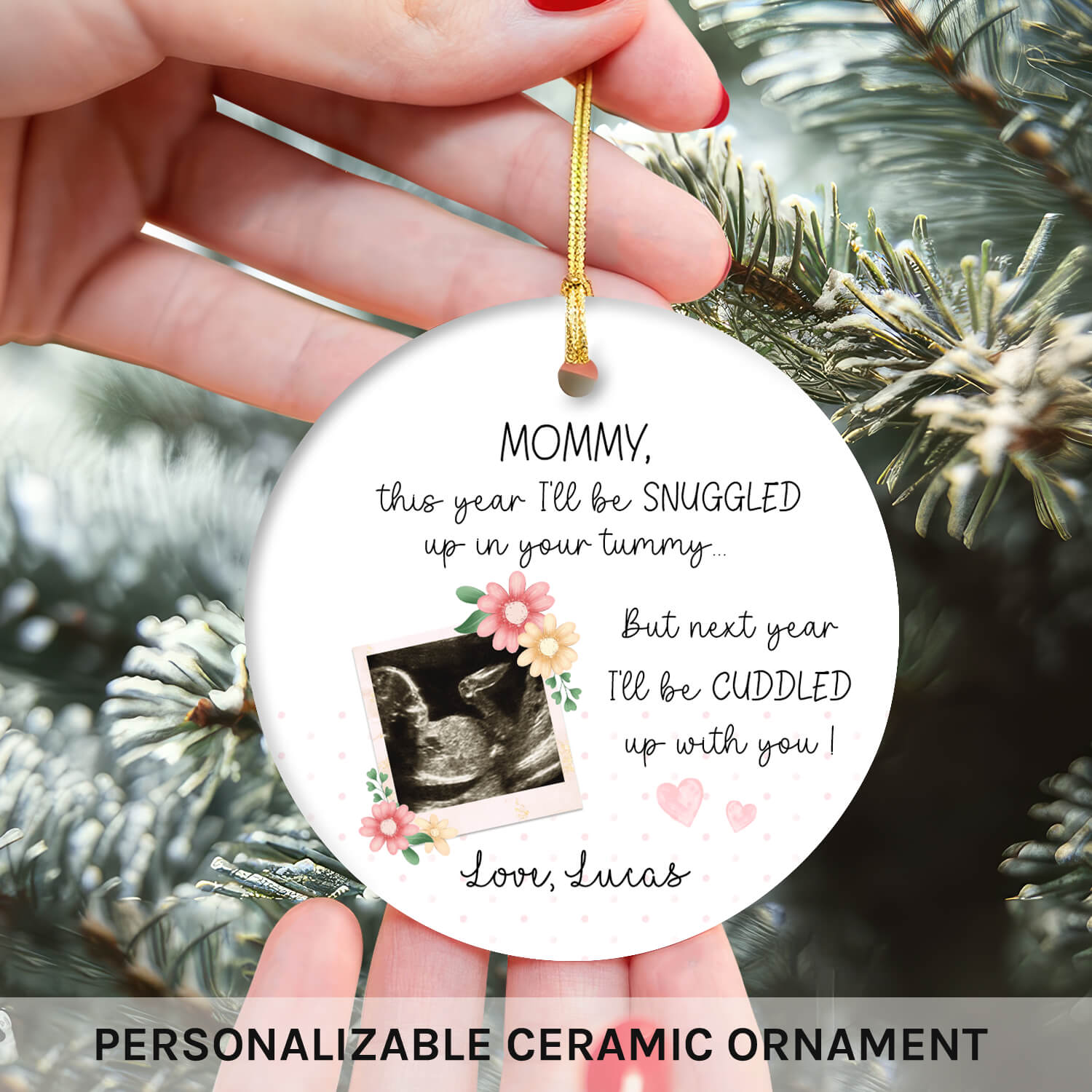 Next Year I'll Be Cuddled Up With You - Personalized  gift For Mom To Be - Custom Circle Ceramic Ornament - MyMindfulGifts