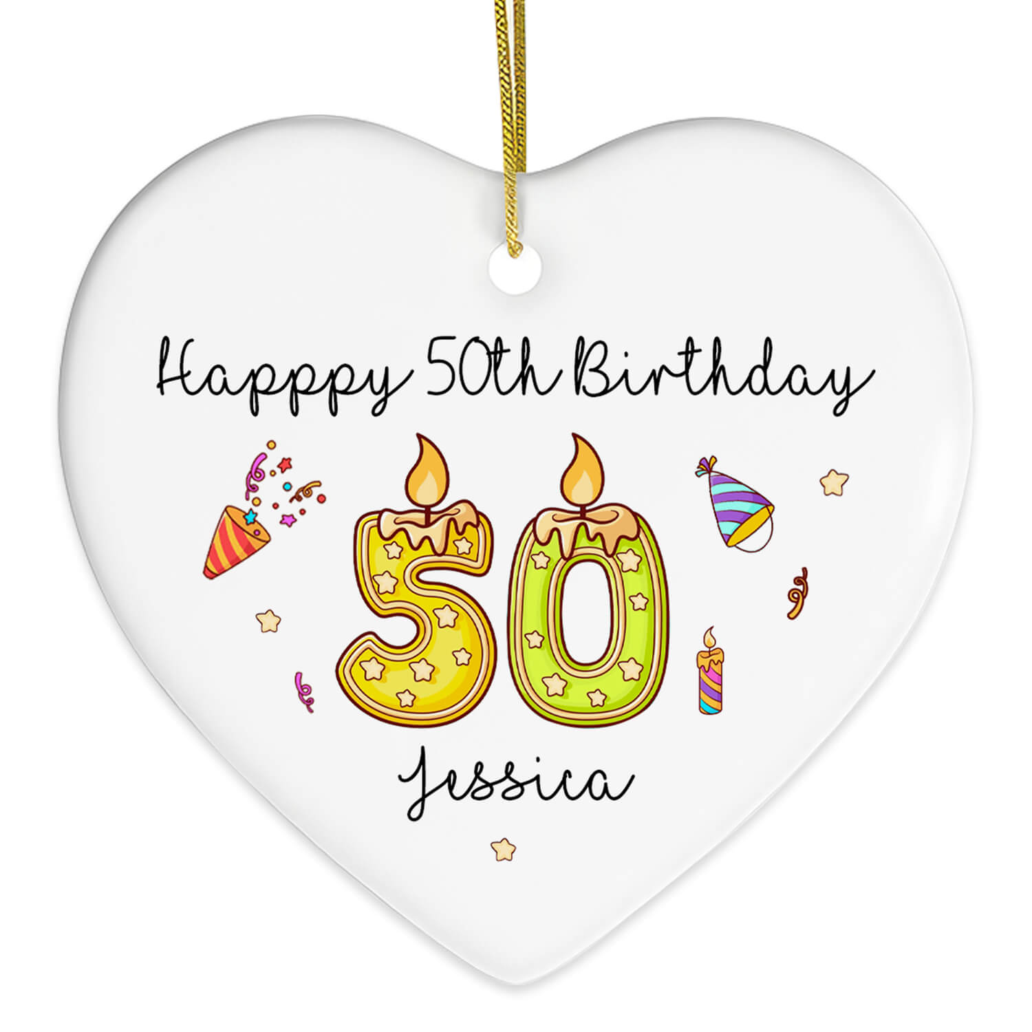 Happy 50th Birthday - Personalized 50th Birthday gift For 50 Year Old - Custom Heart Ceramic Ornament - MyMindfulGifts