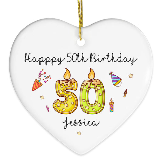 Happy 50th Birthday - Personalized 50th Birthday gift For 50 Year Old - Custom Heart Ceramic Ornament - MyMindfulGifts
