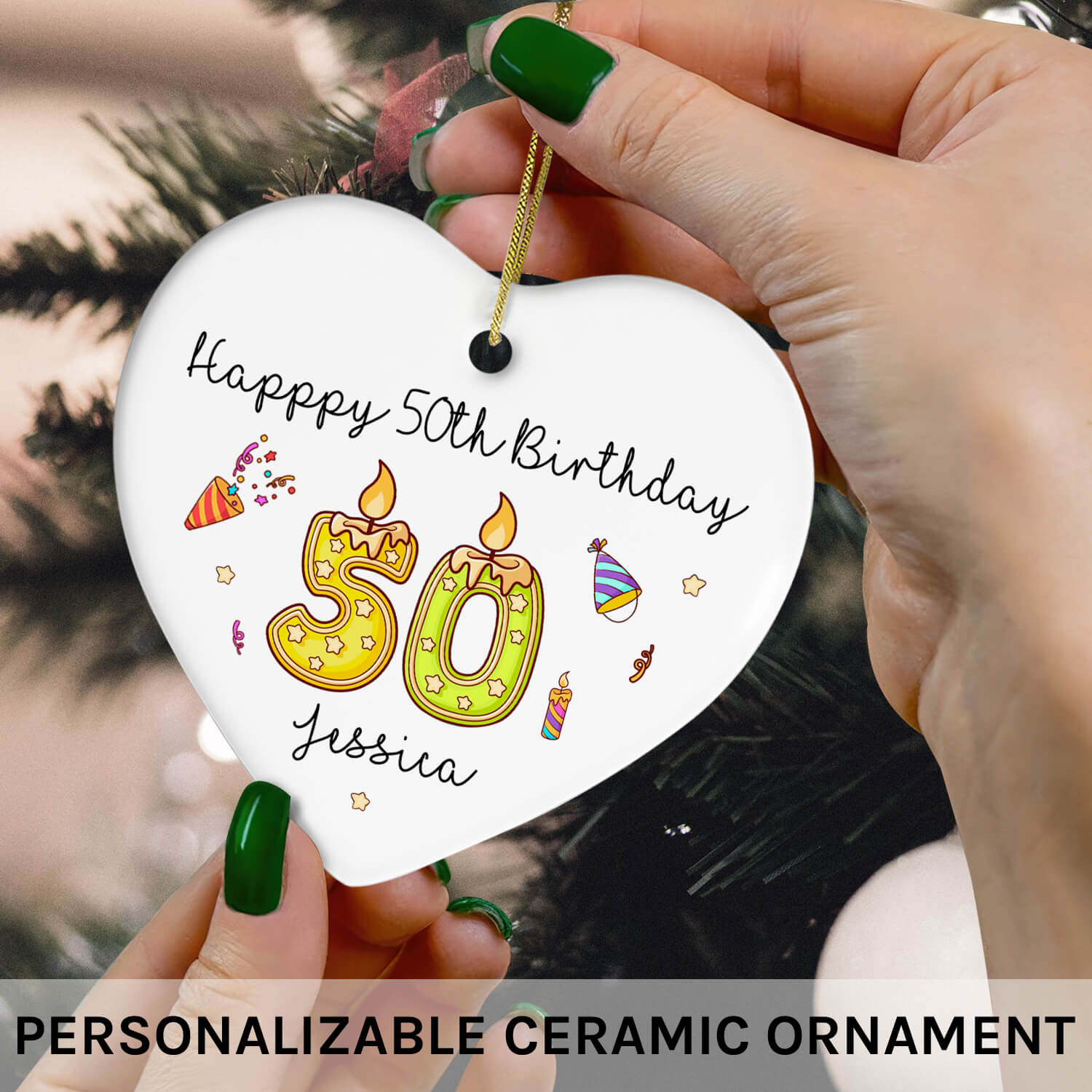 Happy 50th Birthday - Personalized 50th Birthday gift For 50 Year Old - Custom Heart Ceramic Ornament - MyMindfulGifts